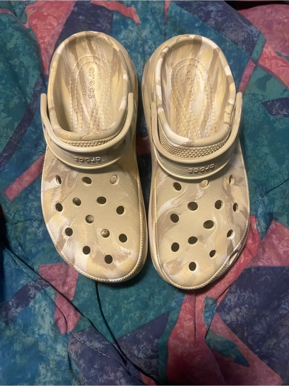 CROCS Platform Clogs in Cream and White Tie-Dye